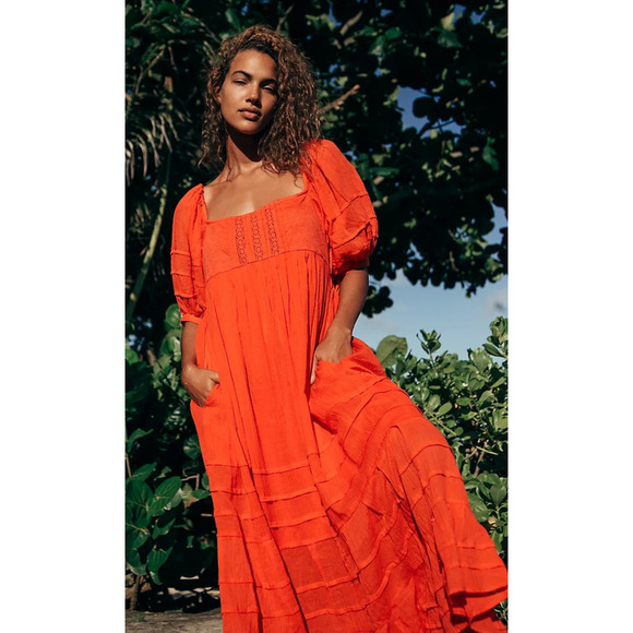 Free People Let's Be Friends Midi Dress Rome Red Boho Western Peasant Beach M - Picture 1 of 16